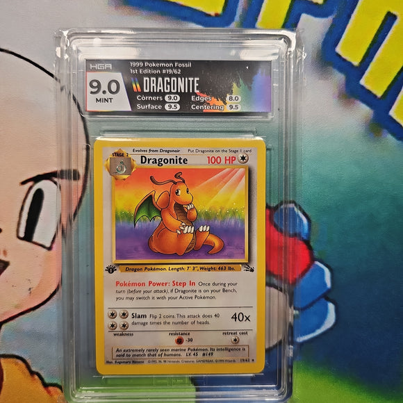 1999 POKEMON FOSSIL 1ST EDITION #19/62 DRAGONITE HGA 9 CERT P0NYKNBDLL