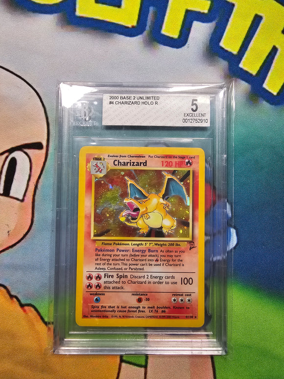 2000 BASE 2 UNLIMITED #4 CHARIZARD HOLO R BGC 5 CERT 0012752910