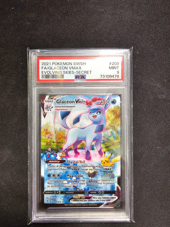 PSA 9 MINT Pokemon TCG Glaceon VMAX Evolving Skies 209/203 Holo Secret Rare Grade Card Single Card