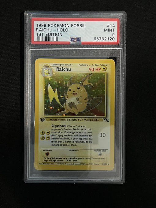 1999 POKEMON FOSSIL RAICHU - HOLO 1ST EDITION - PSA 9 GRADED CARD